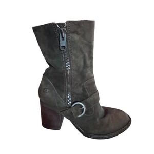 Born Suede Buckle Zip Moto Booties Ankle Boots Dark Brown Women's Size 9.5
